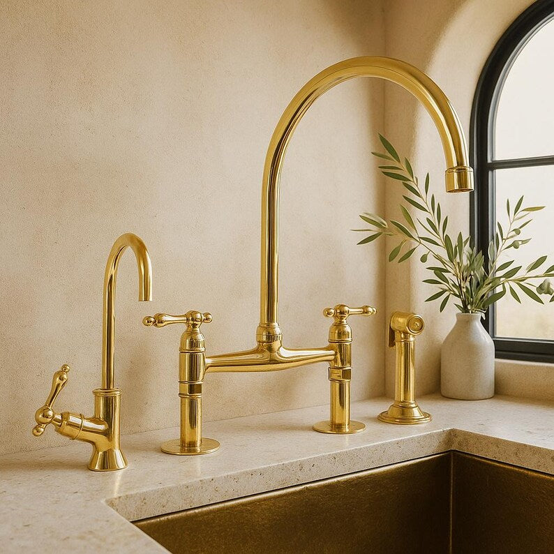 Solid brass bridge kitchen faucet with side sprayer

