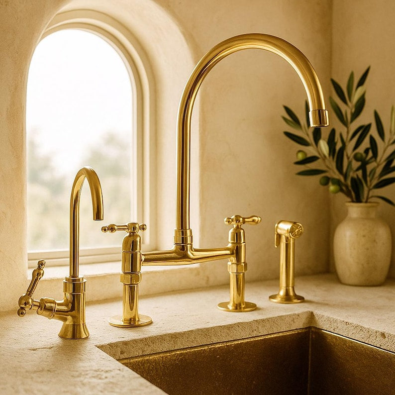 Solid brass bridge kitchen faucet with side sprayer

