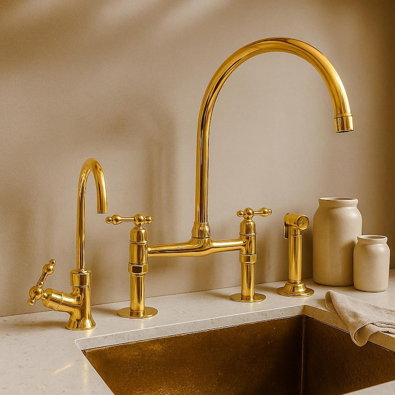 Solid brass bridge kitchen faucet with side sprayer

