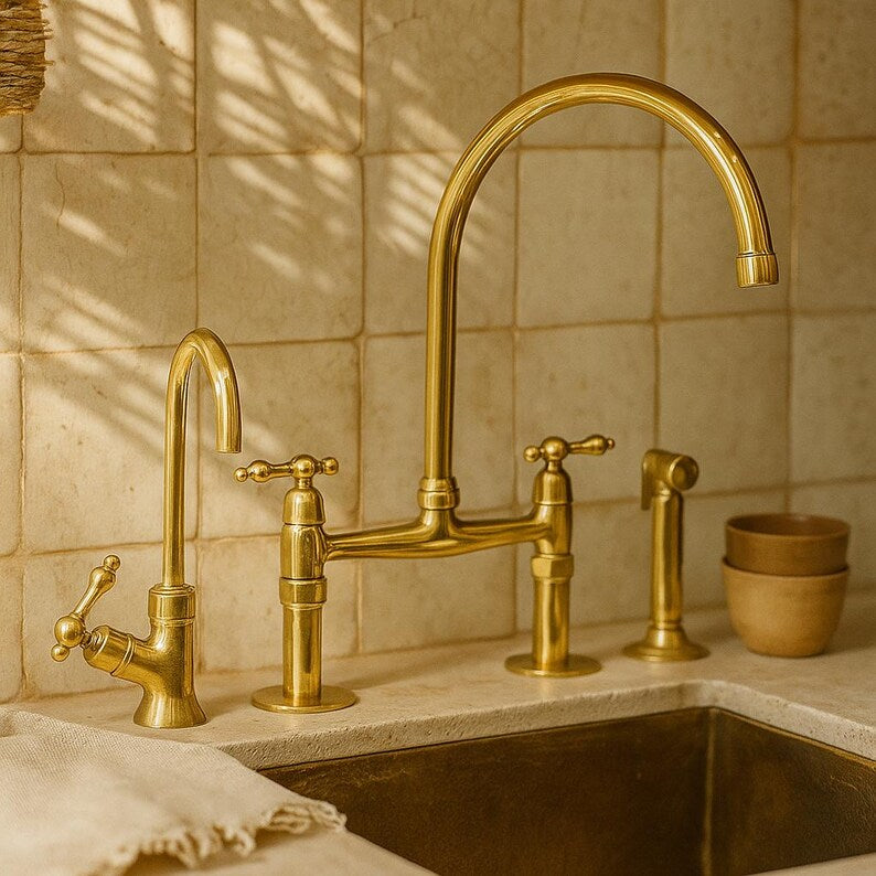 Solid brass bridge kitchen faucet with side sprayer

