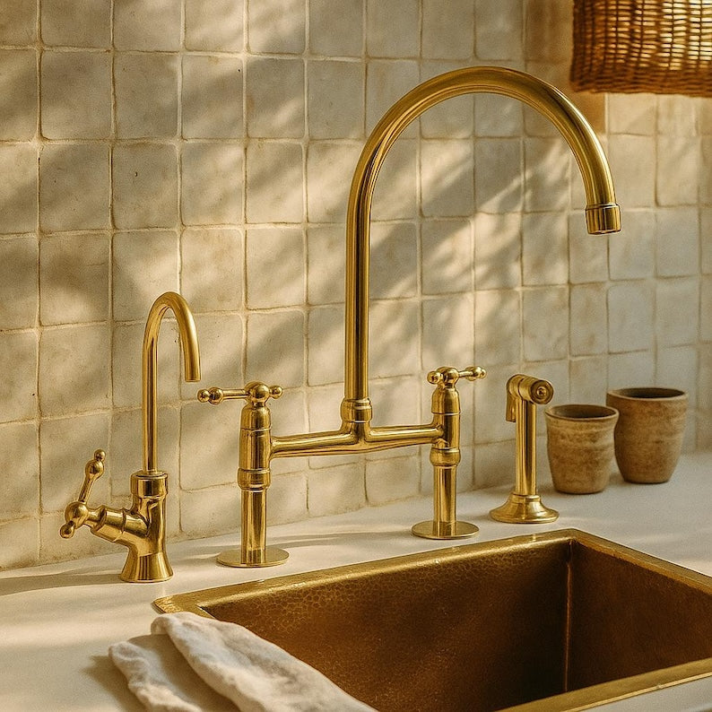 Solid brass bridge kitchen faucet with side sprayer

