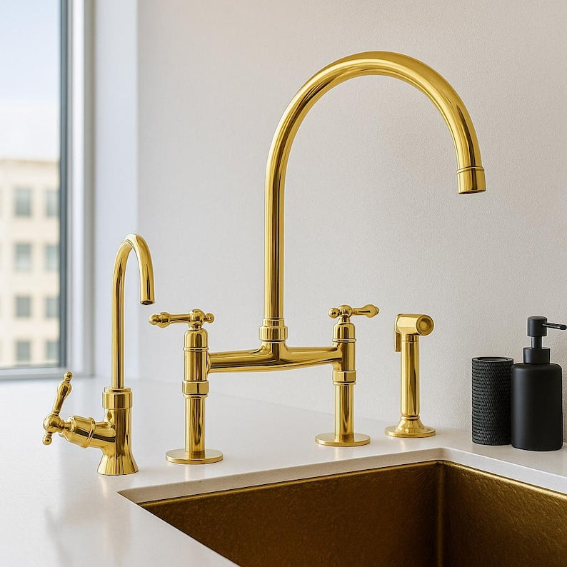 Solid brass bridge kitchen faucet with side sprayer

