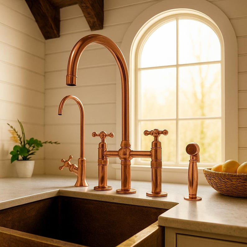 Solid copper bridge kitchen faucet with side sprayer


