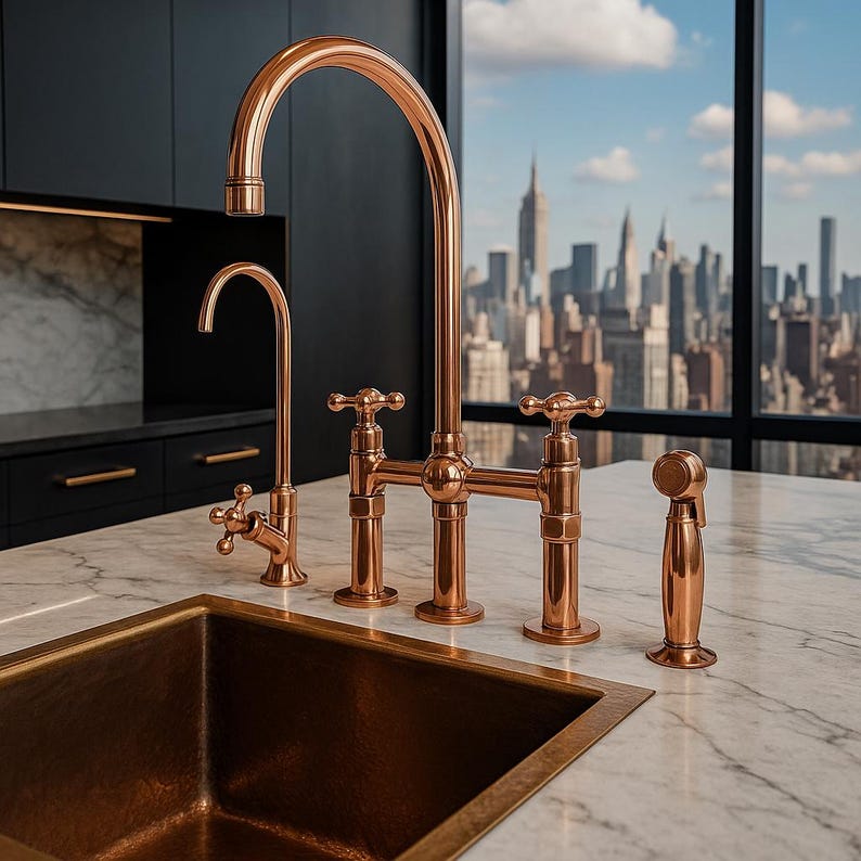 Solid Copper Bridge Kitchen Faucet with Side Sprayer – Farmhouse Tap ...