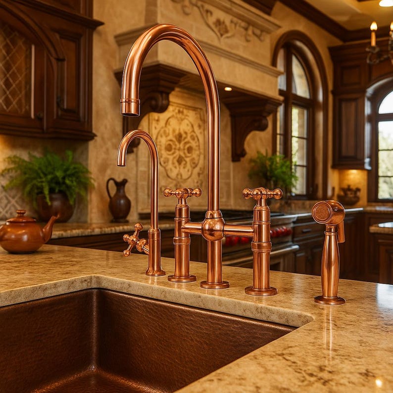 Solid copper bridge kitchen faucet with side sprayer

