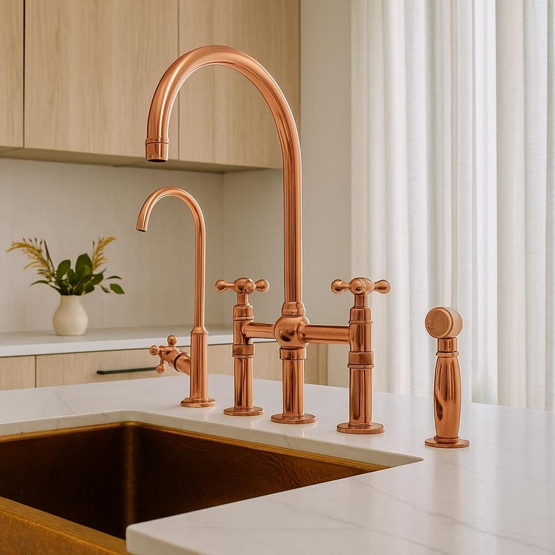 Solid Copper Bridge Kitchen Faucet with Side Sprayer – Farmhouse Tap ...