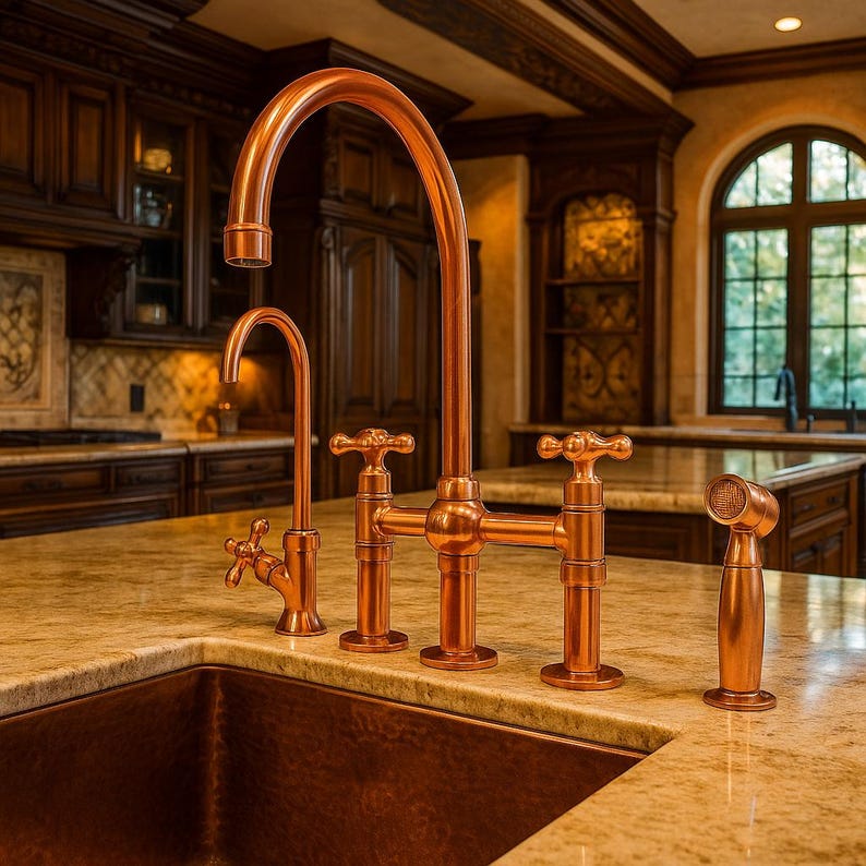 Solid Copper Bridge Kitchen Faucet with Side Sprayer – Farmhouse Tap ...