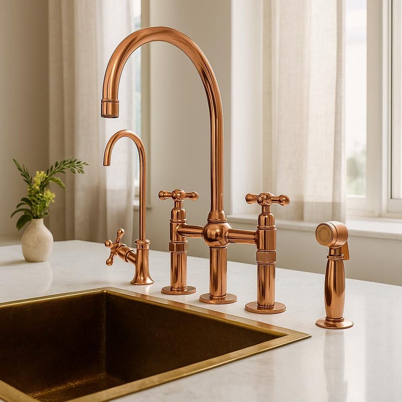 Solid copper bridge kitchen faucet with side sprayer

