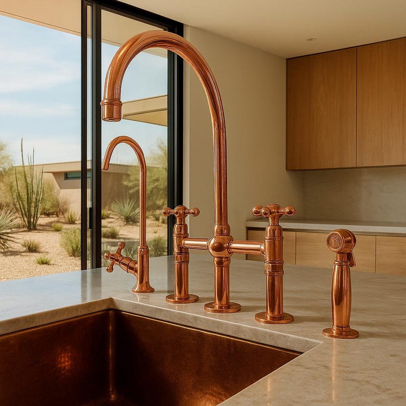 Solid copper bridge kitchen faucet with side sprayer

