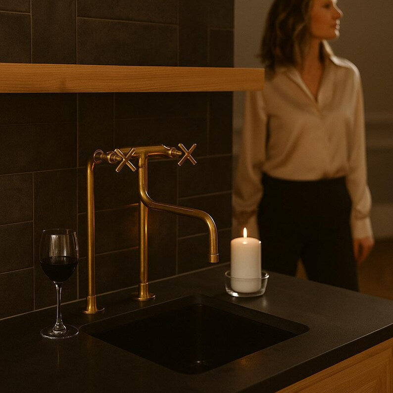 Tall solid brass bridge faucet with exposed pipe design


