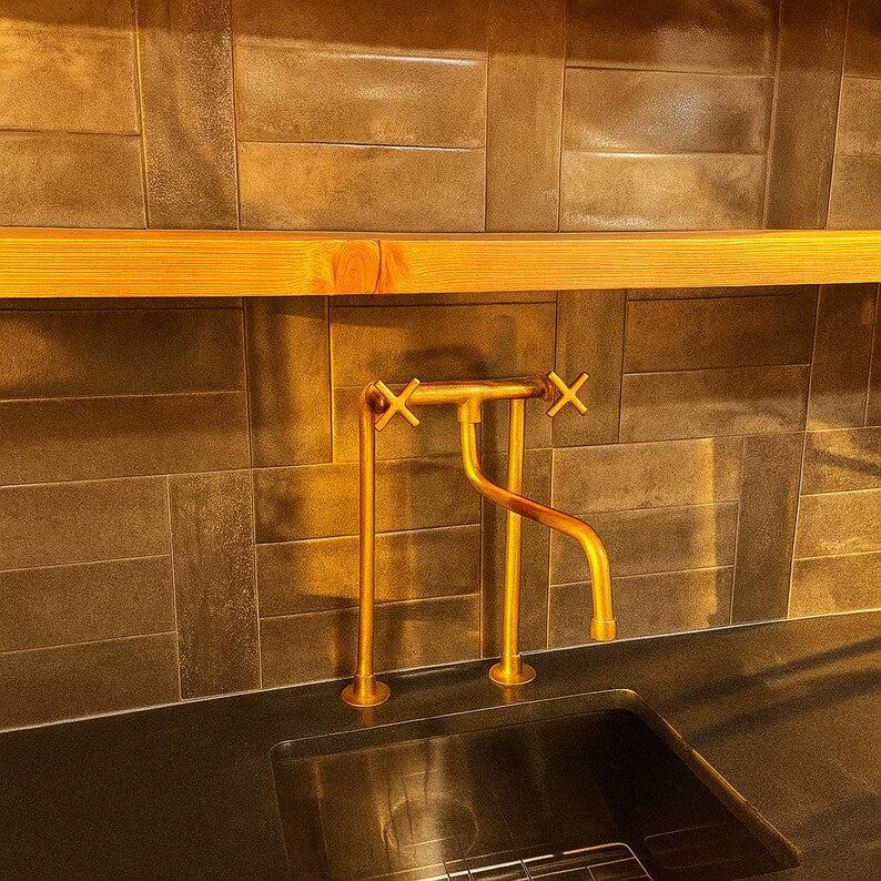Tall solid brass bridge faucet with exposed pipe design

