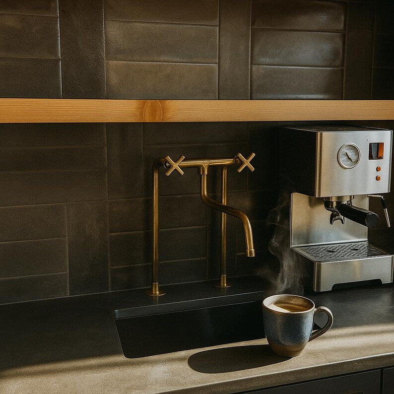 Tall solid brass bridge faucet with exposed pipe design

