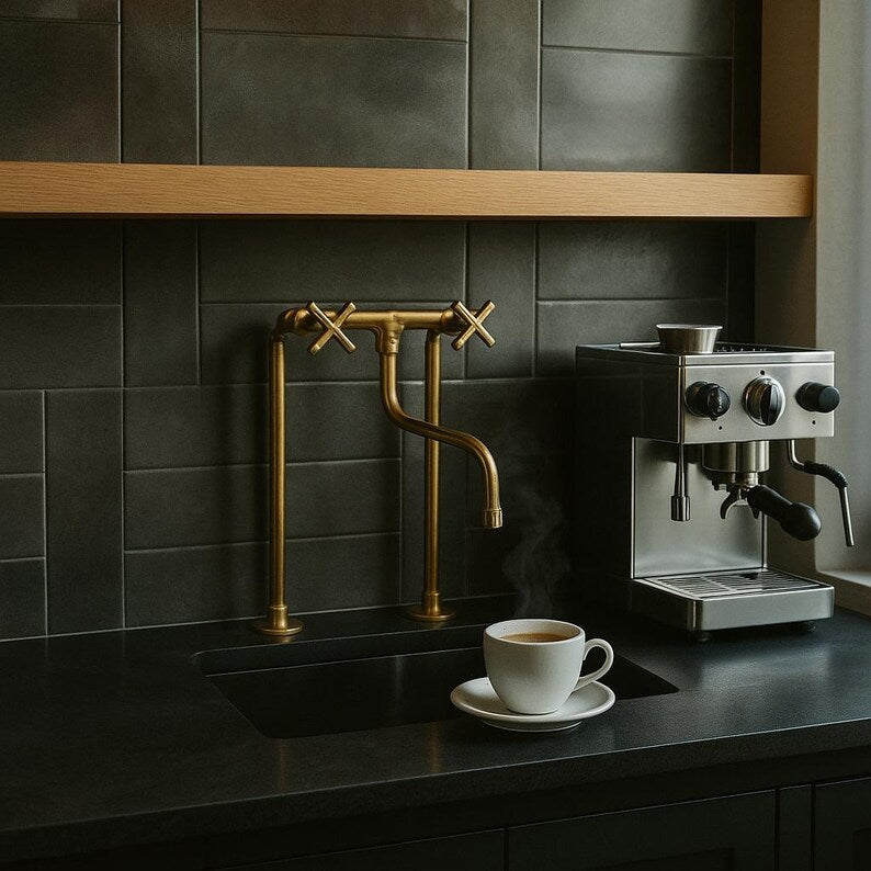 Tall solid brass bridge faucet with exposed pipe design


