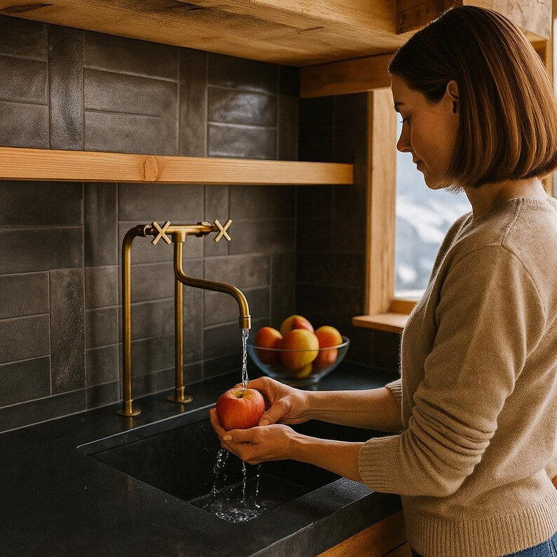 Tall solid brass bridge faucet with exposed pipe design


