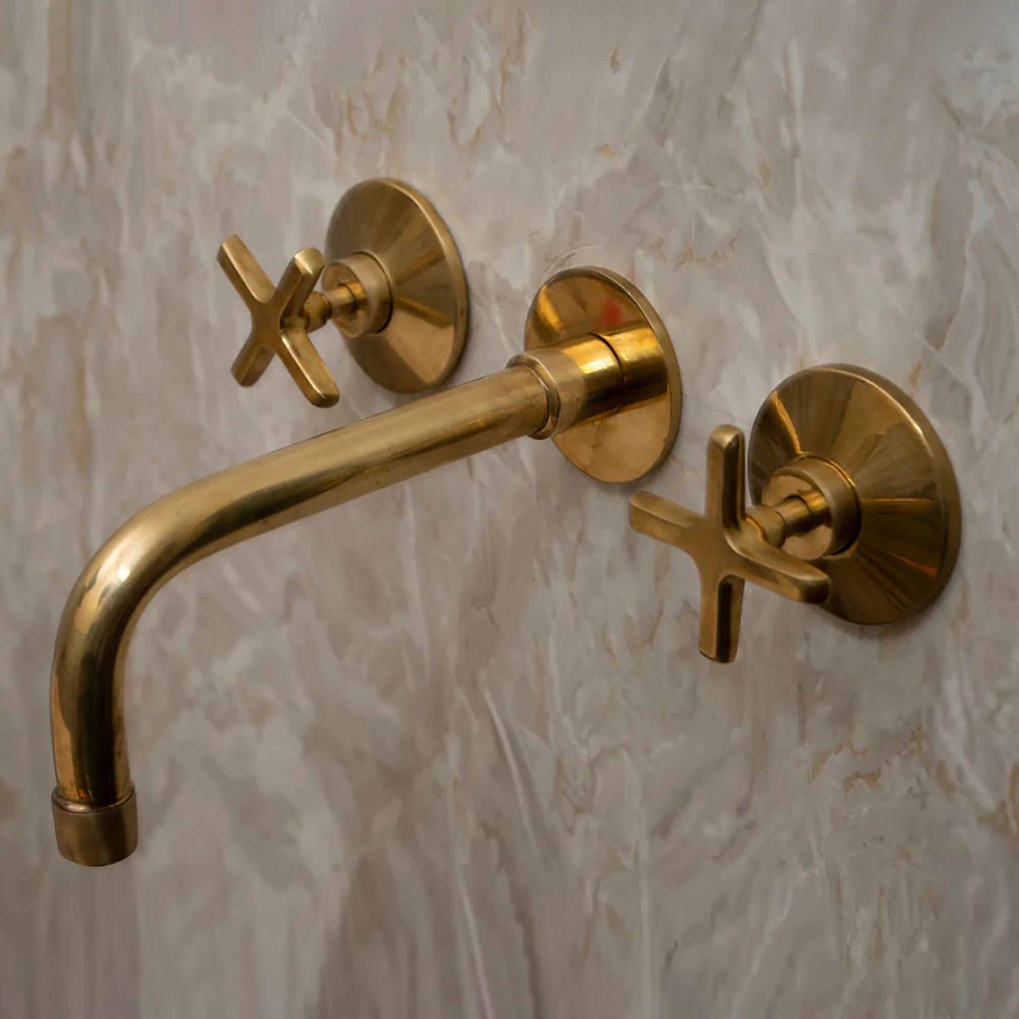 Unlacquered Brass Wall Mounted Bathroom Faucet, Solid Brass Bathroom Faucet With Cross Handle