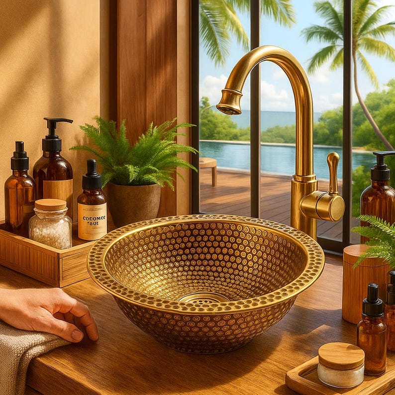 Unlacquered brass vanity basin with drop-in installation