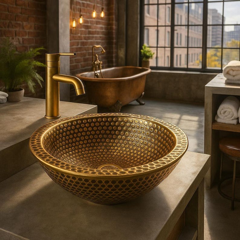 Unlacquered brass vanity basin with drop-in installation