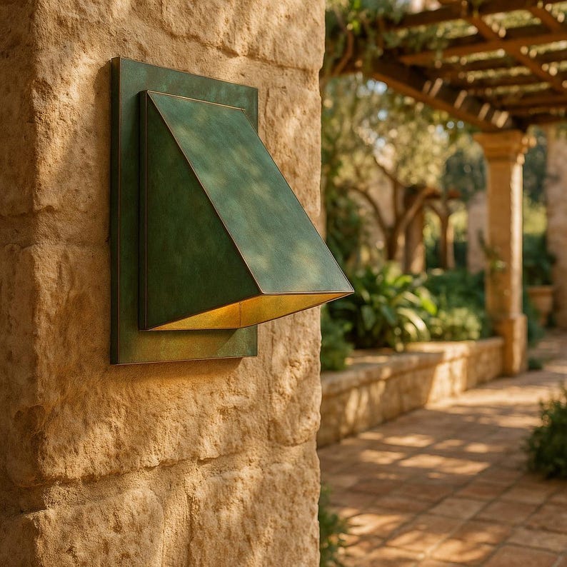  Handmade green patina brass wall sconce with geometric design