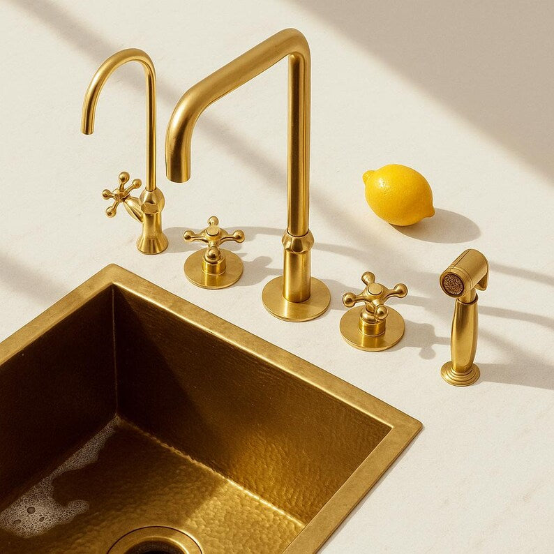 Vintage farmhouse brass kitchen faucet with sprayer

