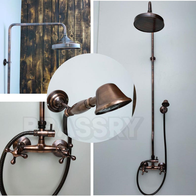Wall-mounted copper rain shower with handheld sprayer

