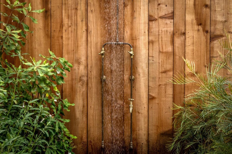 Wall mount copper shower with foot tap for backyard and patio

