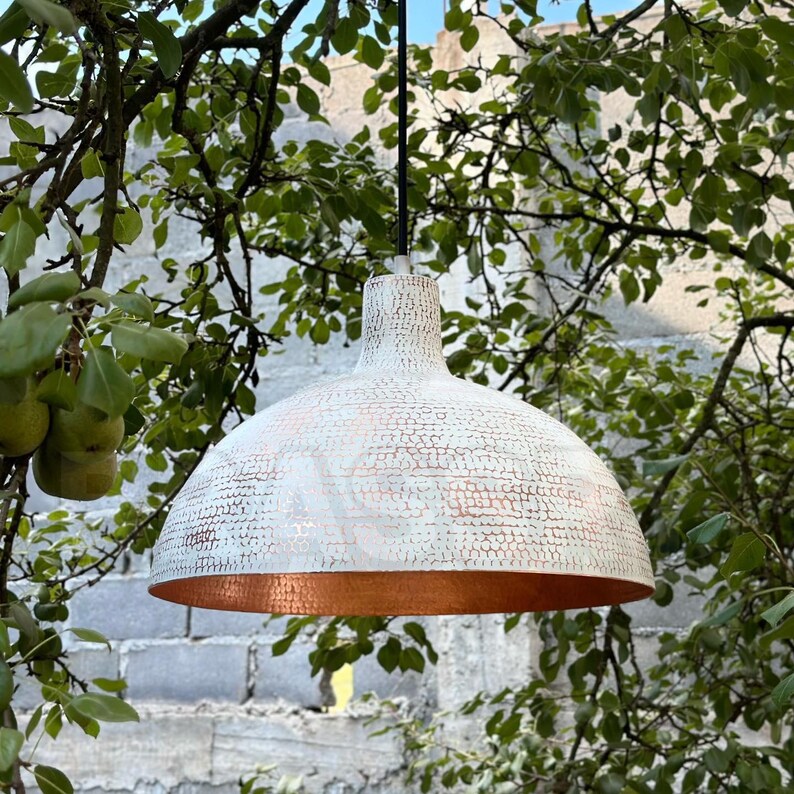 White hammered dome lamp with raw copper interior