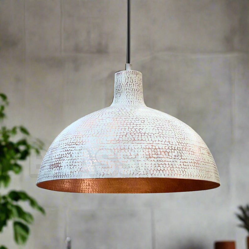 Moroccan hammered copper dome pendant light with matte white finish

