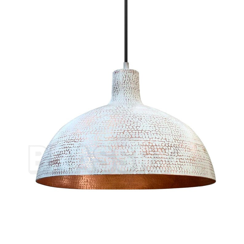 White hammered dome lamp with raw copper interior