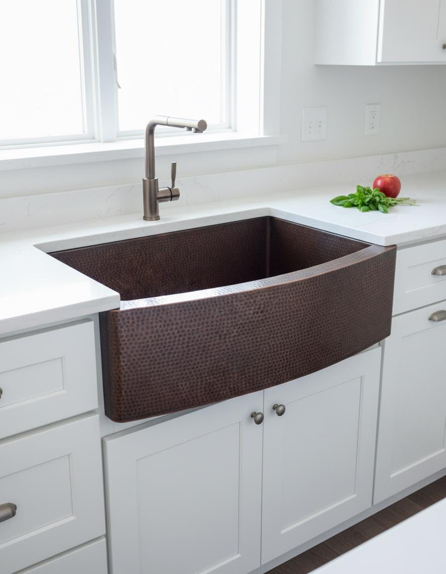 Copper farmhouse sink in a kitchen with white cabinets and a window in the background.
