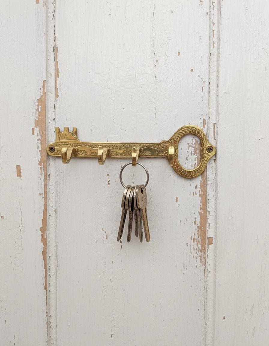 Decorative brass key hook with keys on a white wooden background