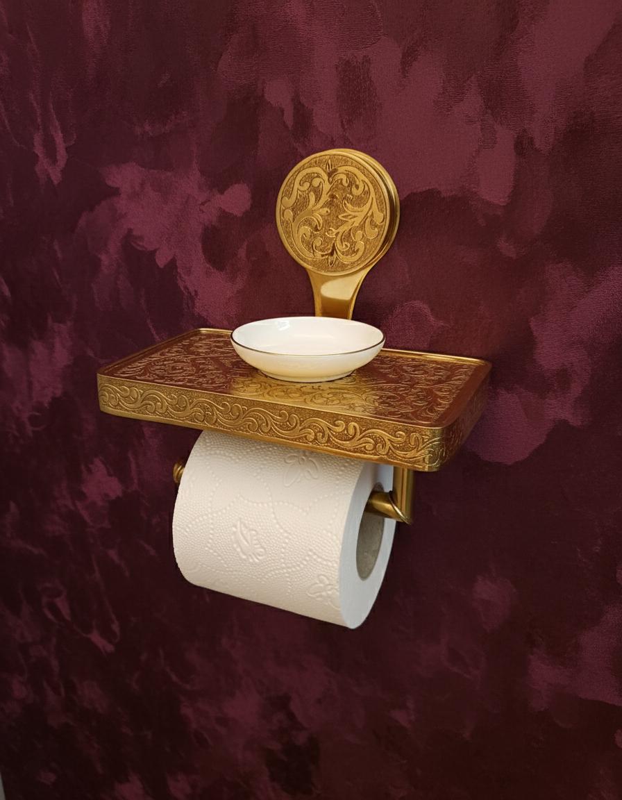 Decorative gold toilet paper holder with a bowl on a maroon background