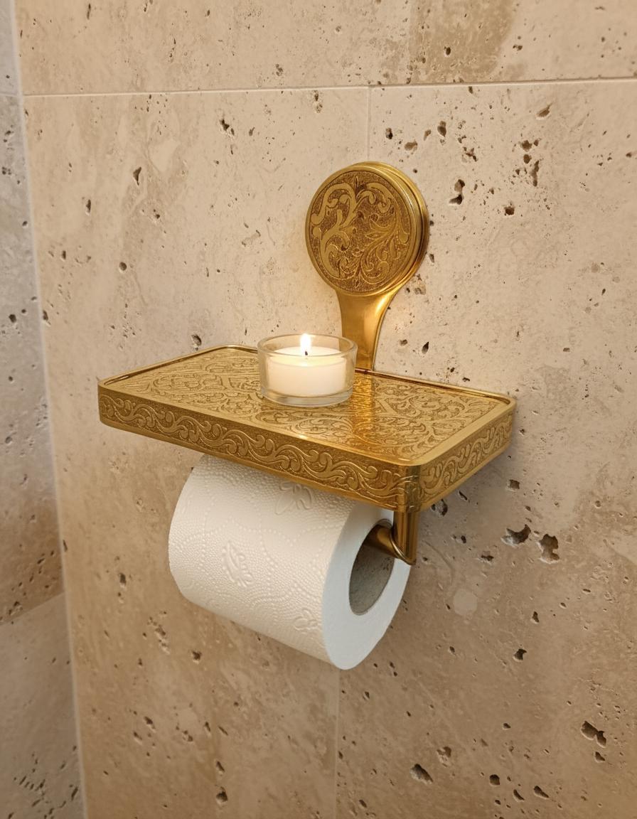 Decorative gold toilet paper holder with a concrete wall background