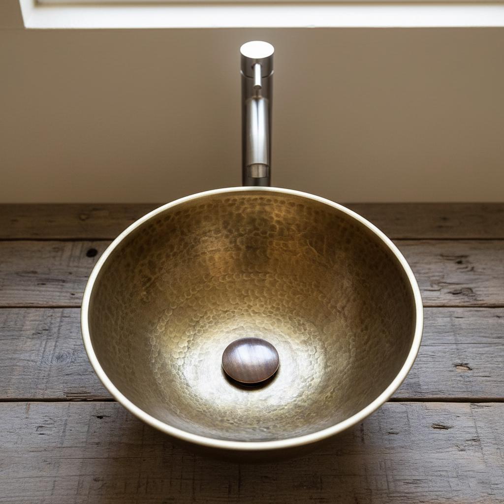 Bronze sink with a metallic faucet on a wooden surface