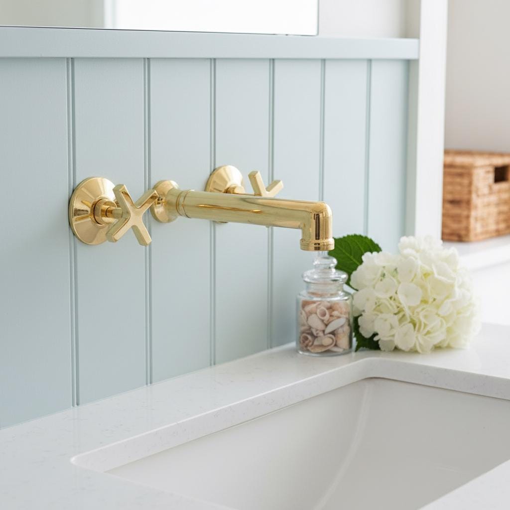 Gold faucet on a white sink with a light blue wall and decorative elements.