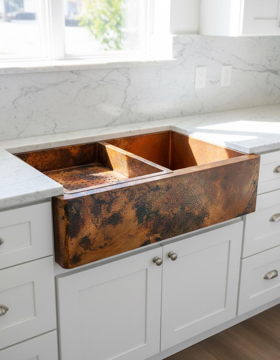 Copper farmhouse sink in a kitchen with white cabinets and marble countertop.