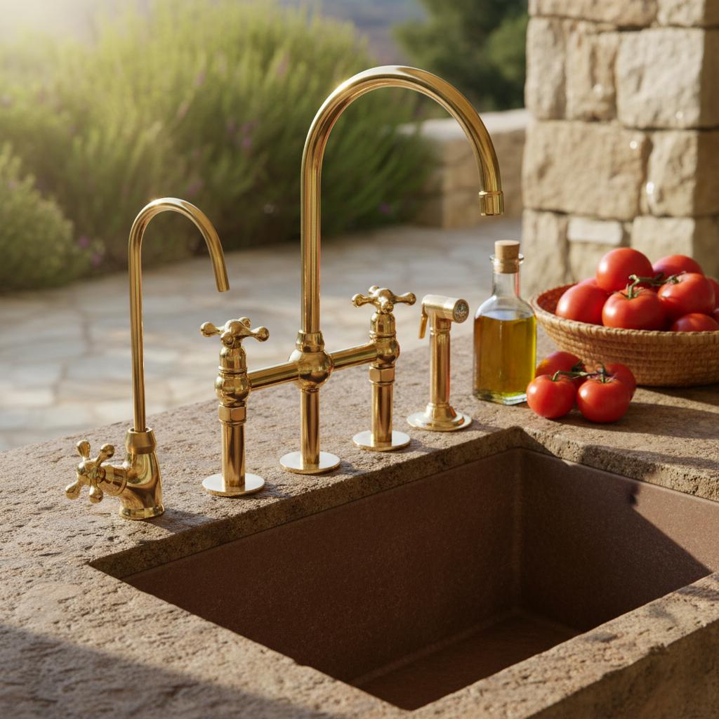 Gold kitchen faucet set on a stone countertop with tomatoes and olive oil.