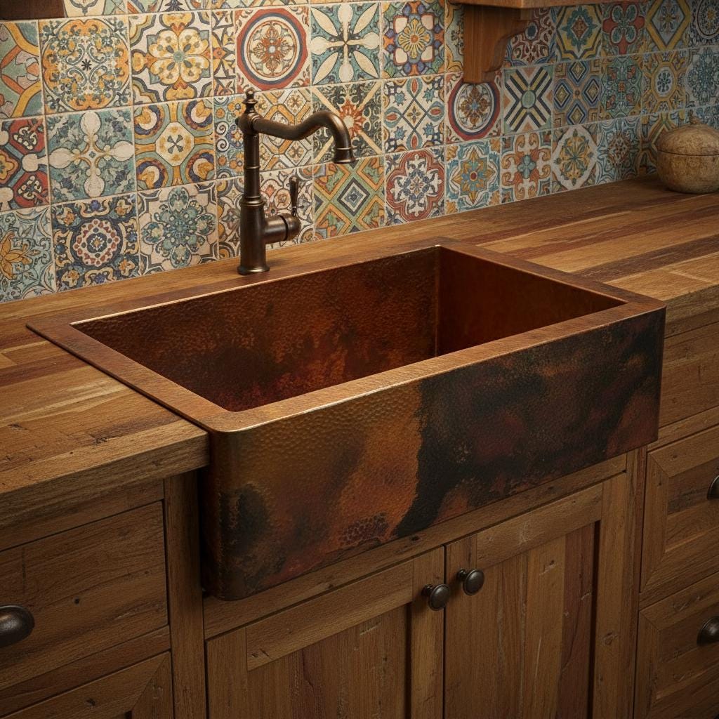 Copper farmhouse sink in a rustic kitchen with wooden cabinets and a patterned backsplash.