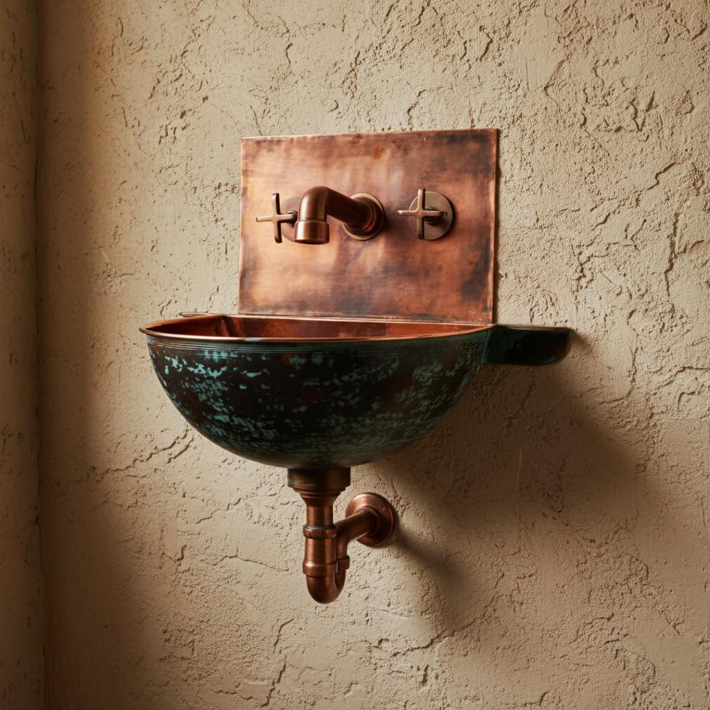 Vintage-style copper wall-mounted sink against a textured beige wall.