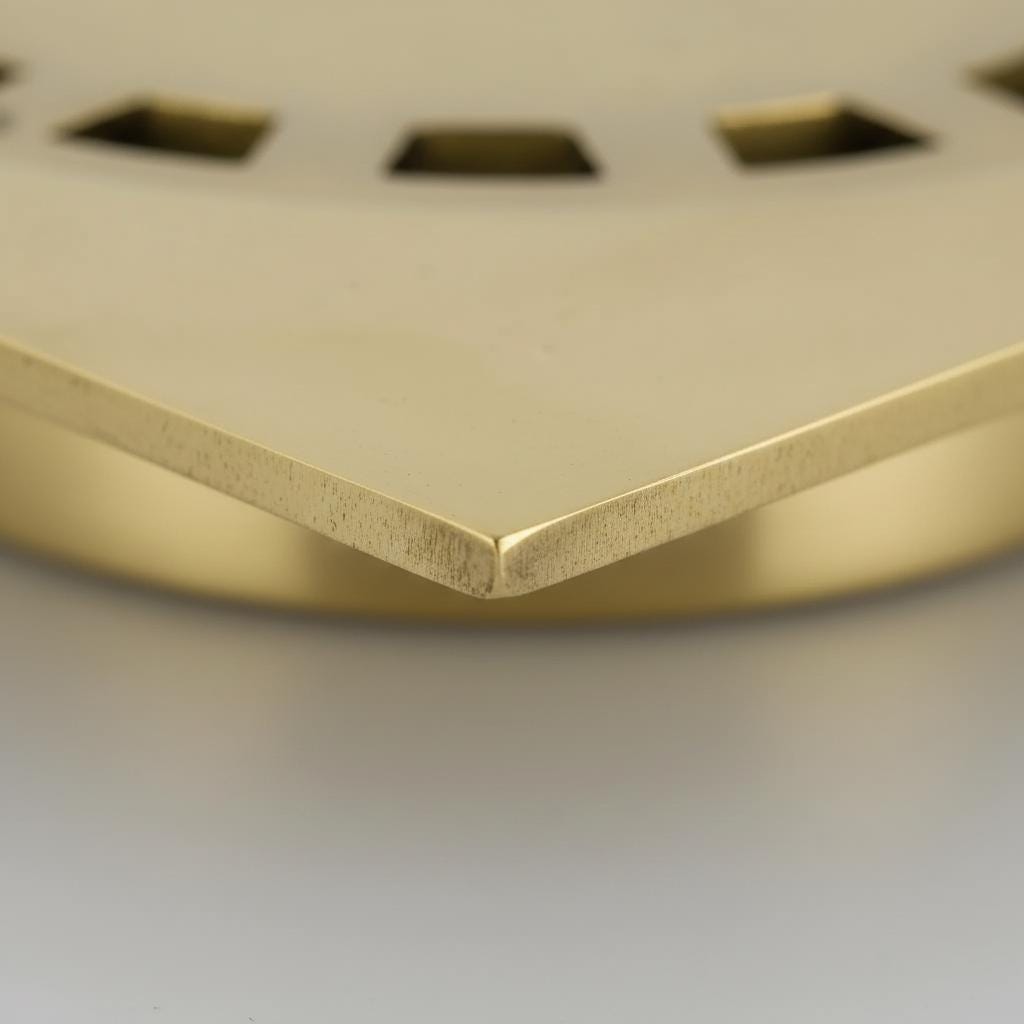 Close-up of a gold-colored brass grate with square holes on a gray background