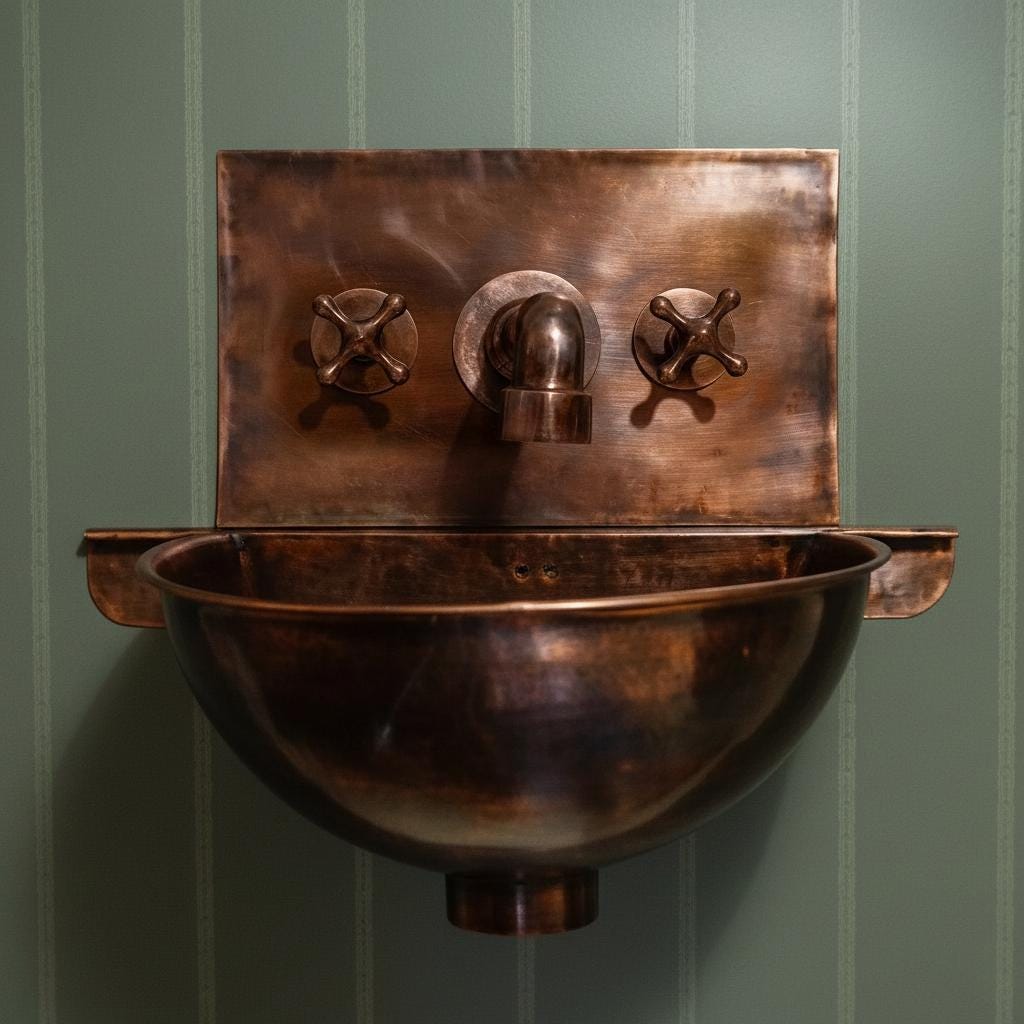 Copper wall-mounted sink with three handles against a green striped wall.