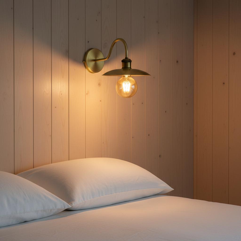 Wall-mounted lamp with a warm glow above a bed with white pillows against a wooden paneled wall.