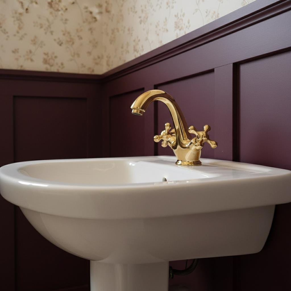 White pedestal sink with gold faucet against a dark wooden panel wall.