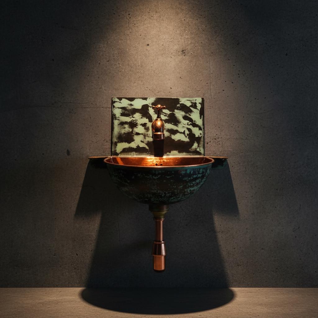 Vintage-style bathroom sink with mirror against a dark wall