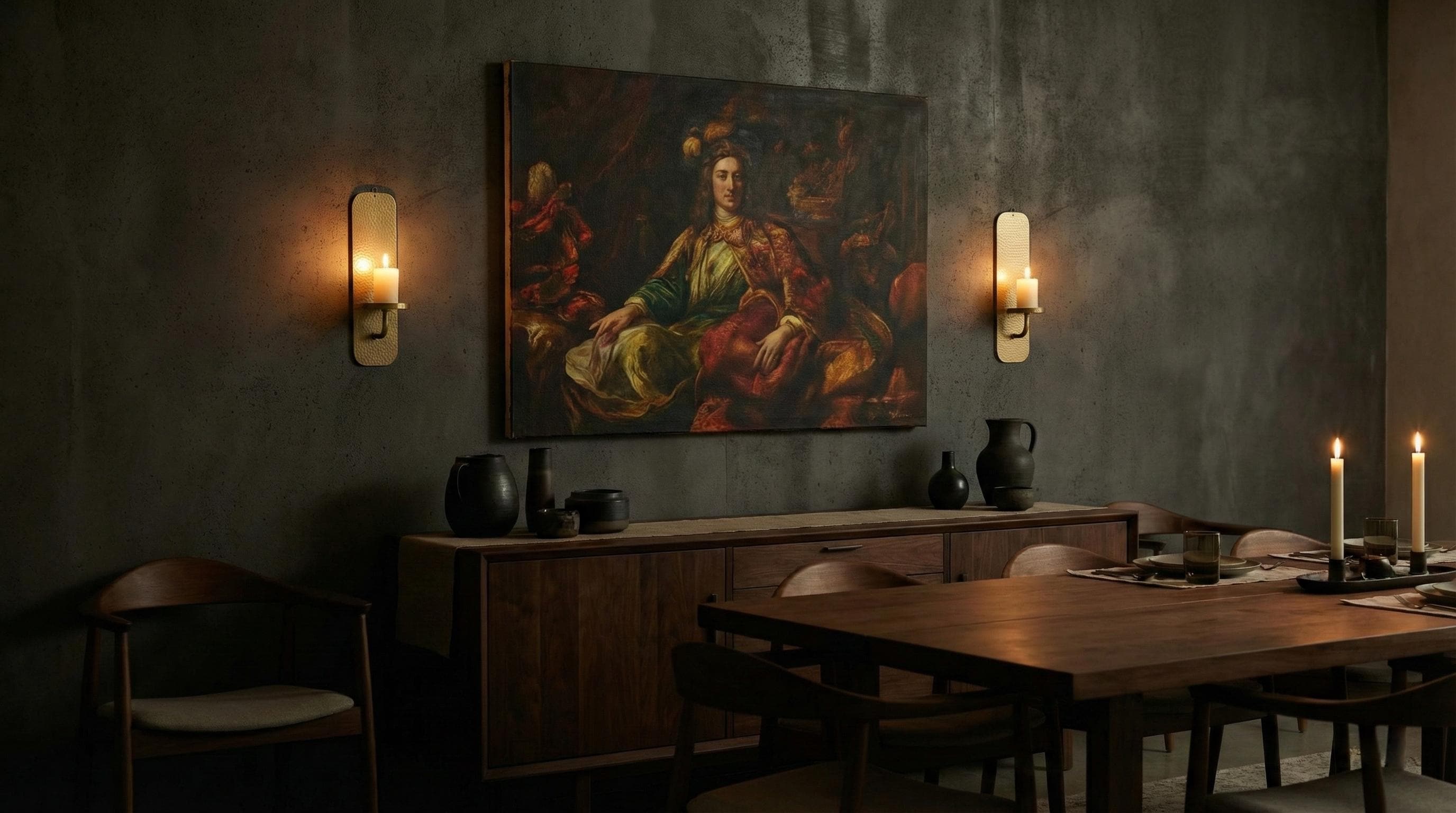Dining room with a large painting on the wall, wooden table, and chairs.
