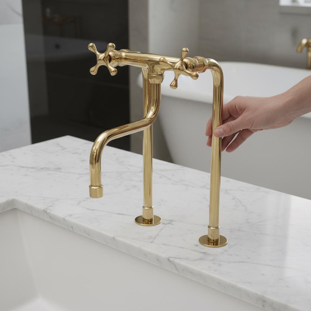 Gold faucet on a marble countertop with a blurred background