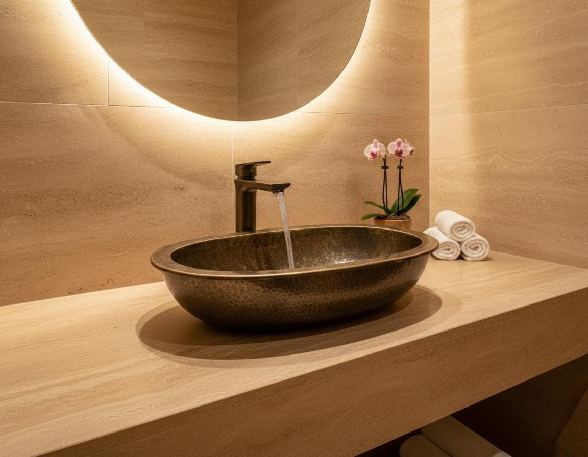 Bathroom sink with running water, illuminated mirror, and decorative elements.