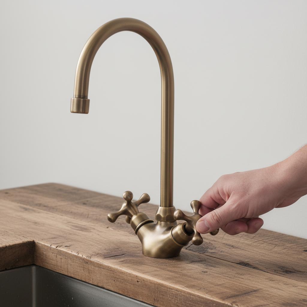 Brass kitchen faucet on a wooden countertop with a hand turning the handle.
