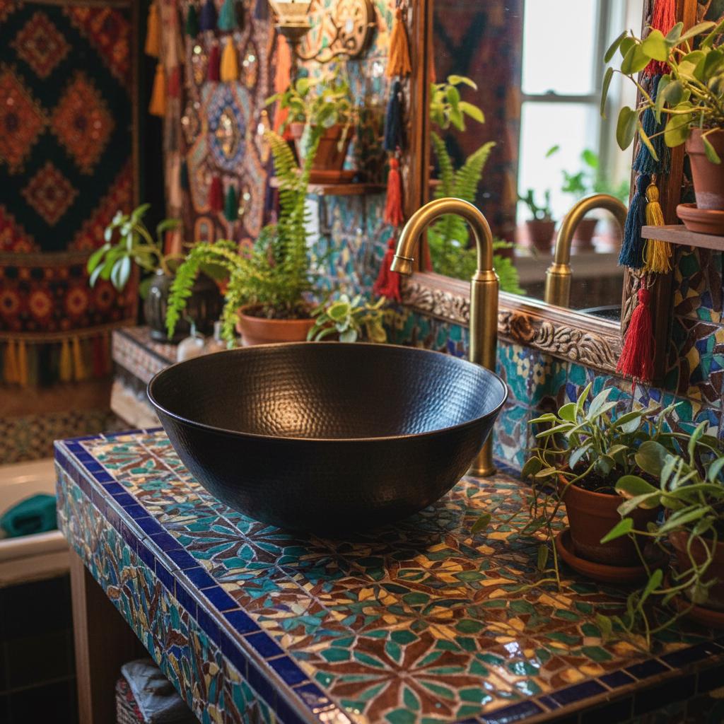 Decorative kitchen sink with a patterned countertop and colorful wall art.