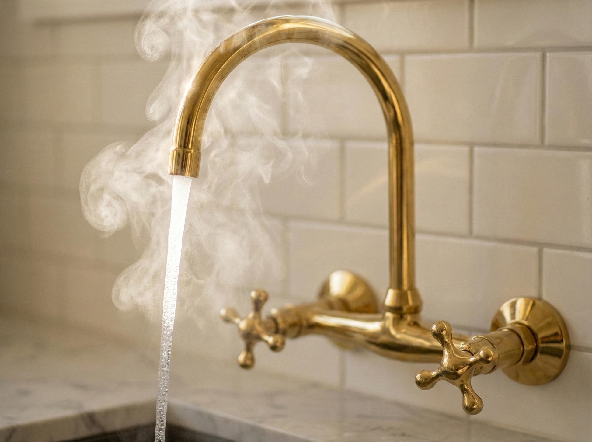 Gold faucet with water flowing against a tiled wall