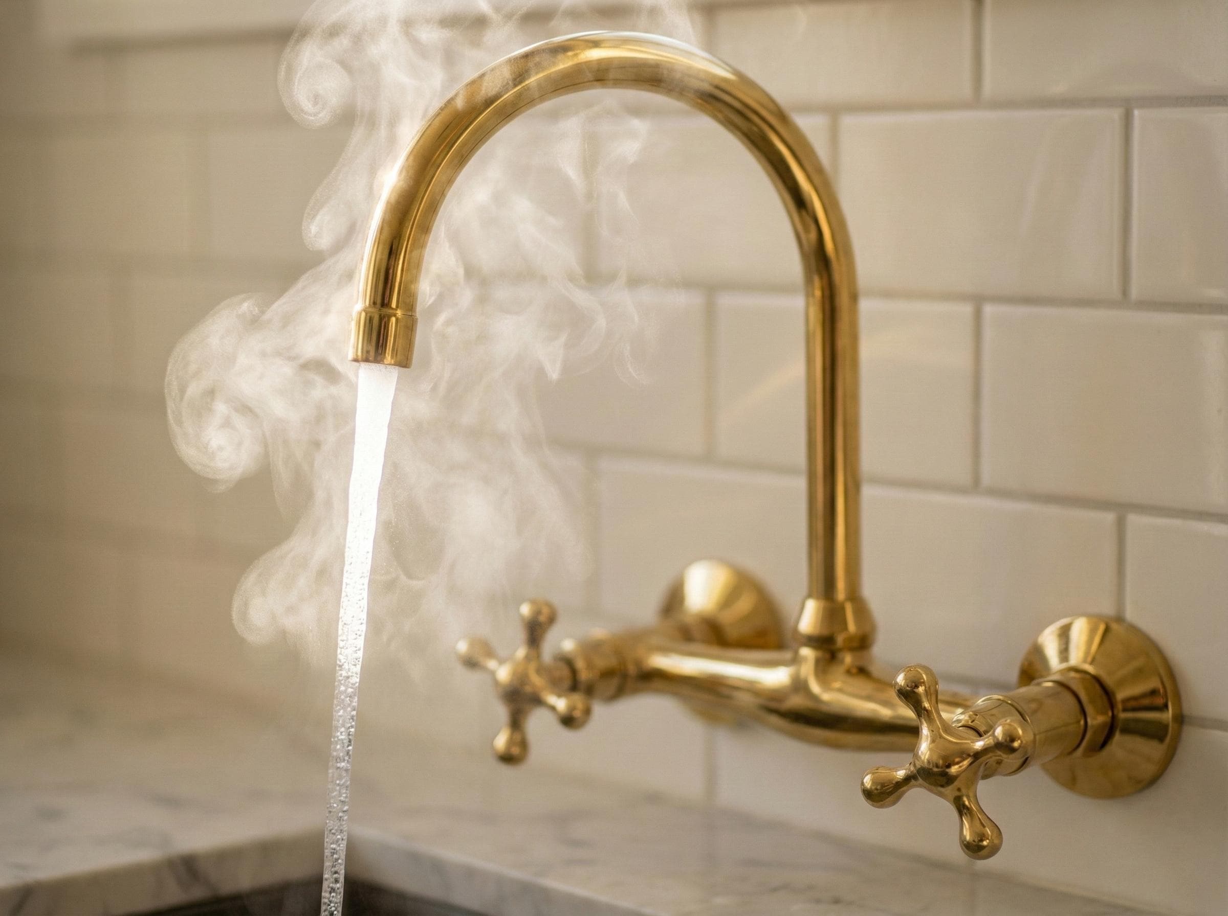 Gold faucet with water flowing against a tiled wall